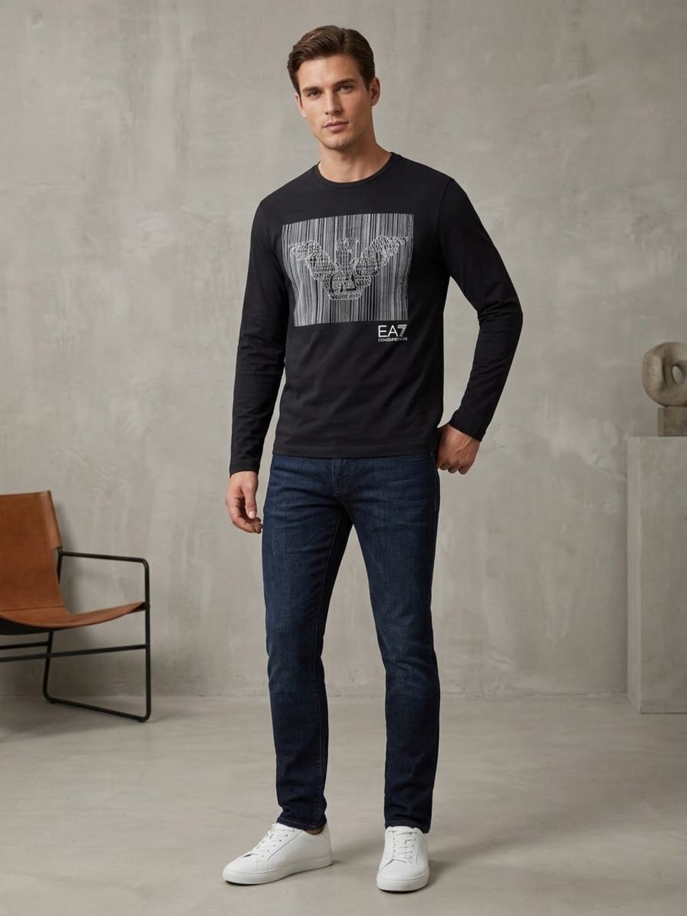 EA7 Emporio Armani Long Sleeve Graphic Tee Black Eagle Logo Mens Size Large